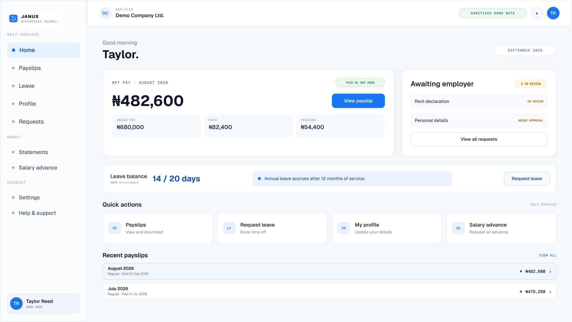 Sanitised Janus employee portal showing pay, leave, requests and recent payslips